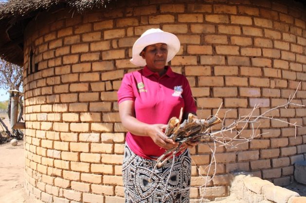 Sehlisiwe Sibanda holds kindle that she uses for her energy-saving stove. Credit: Busani Bafana/IPS