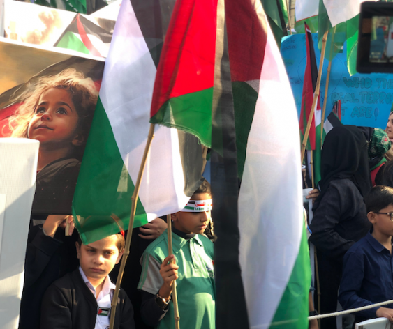 Parents and children joined a protest in solidarity with Palestinian people in Karachi, Pakistan. Credit: Zofeen T. Ebrahim/IPS