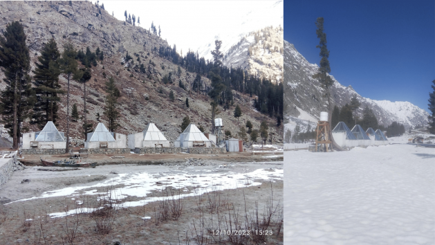 A glamping resort, One Open Sky Glamp, at Mahodand Lake in Swat, Pakistan, shows the lack of snow this winter (2023/4), compared with last year (2022/3). The uncertain weather conditions are having an impact on business. Credit: Noorulhuda Shaheen
