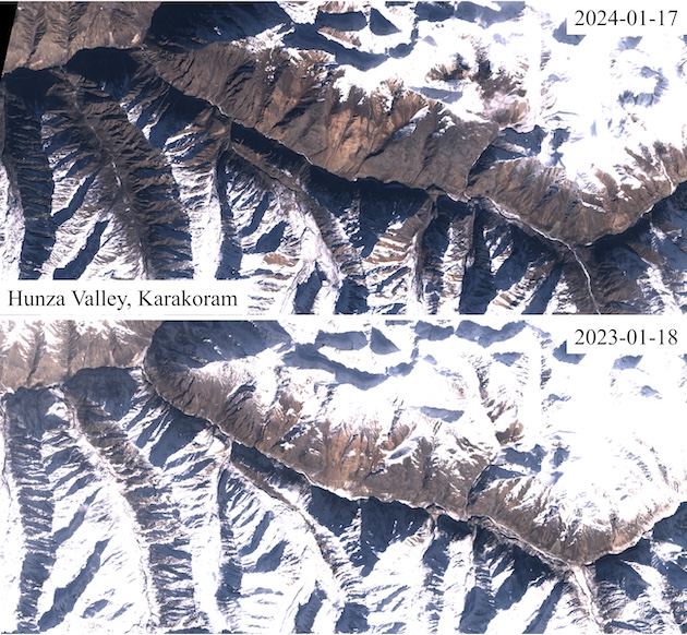 A satellite visual of the Hunza Valley shows the differences in snowfall over last and this winter. Credit: ICIMOD