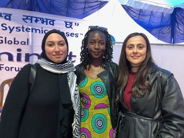 Women activists from the Middle East and Kenya, (from left) Saffana Abu Safyeh, Ivy Teressa, and Farah Shaer, sharing insights on gender and the path forward at the World Social Forum in Kathmandu on Feb. 18. Credit: Tanka Dhakal/IPS