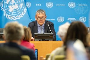 Philippe Lazzarini, Commissioner-General of the United Nations Relief and Works Agency for Palestine Refugees in the Near East (UNRWA), briefs reporters at UN Headquarters.