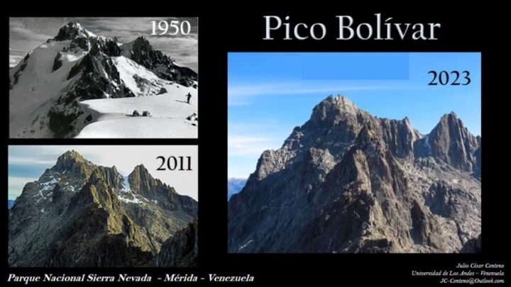 Perpetual snow disappeared decades ago from Bolívar Peak, Venezuela's highest mountain at 4978 meters above sea level. Other glaciers in the Venezuelan Andes also melted during the 20th century. CREDIT: JC Centeno Chair