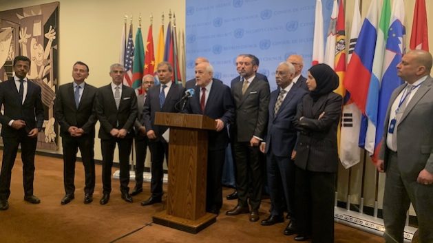 Dr Riyad Mansour, Permanent Representative of the State of Palestine to the United Nations addresses journalists at the stakeout after the immediate humanitarian ceasefire was announced.