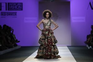 A model wearing a dress from the Presidential collection created by Theresa Giannuzzi, as part of South African Fashion Week. The collection was inspired by the clothes worn by former South African President Nelson Mandela.