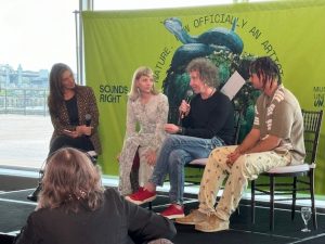 At the Sounds Right launch were Cathy Runciman, CEO, EarthPercent, AURORA, Martyn Stewart, and Louis VI. Credit: Naureen Hossain/IPS