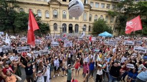 Teachers protest in São Paulo on Jan. 9, 2024 for better working conditions and remuneration...<a href=