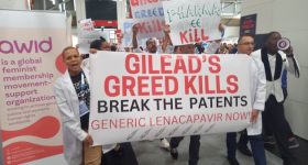 Activists protest during the 25th International AIDS Conference (AIDS2024) in Munich over a affordable pricing for a drug currently sold by pharmaceutical firm Gilead. Credit: Ed Holt/IPS