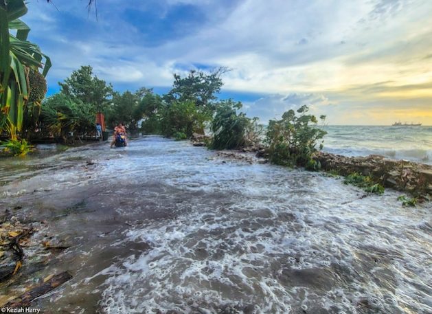 Water floods in, showing how nature and people are at risk. Trees can't grow because of salt, leaving no protection. This photo warns about climate change's effect on our islands and atolls. It's a clear sign we need to act to keep our world safe. Credit: Gitty Keziah Yee/Tuvalu