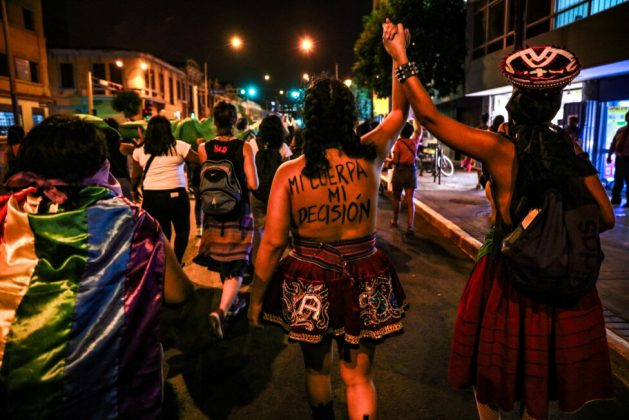 “My body my decision,” reads a slogan written on the back of an activist during a march in Lima in 2019. Credit: Walter Hupiú / IPS
