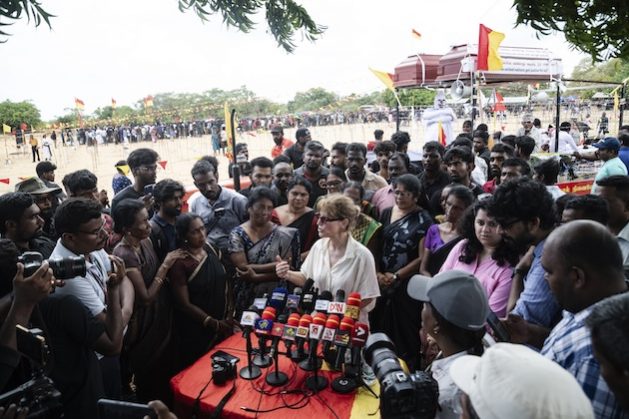 Agnes Callamard, Secretary General of Amnesty International, addresses the media and the community at the site of the Mullivaikal massacre. She says justice is overdue for the families of those killed and disappeared during the Sri Lankan civil war. Credit: Johan Mikaelsson/IPS