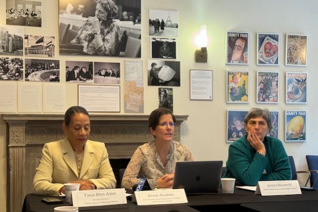 Reem Alsalem, the UN Special Rapporteur on Violence Against Women and Girls, at a press conference in which she discusses her findings on prostitution. Credit: Naureen Hossain/IPS