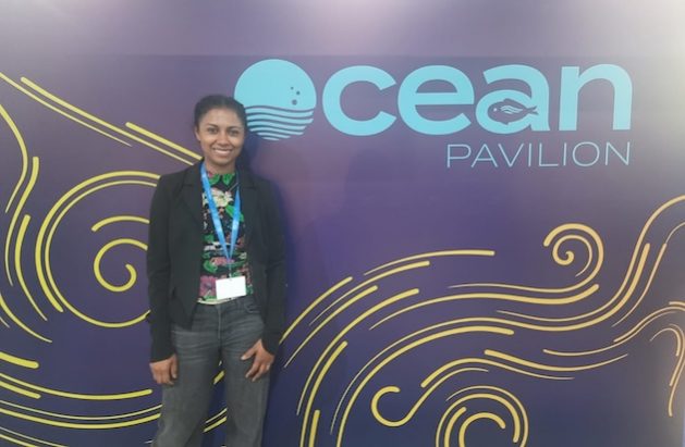 Dr. Amina Schartup, Marine Chemist, sharing insights on mercury pollution and its global impact at COP29, Ocean Pavilion, Baku, Azerbaijan. Credit: Aishwarya Bajpai/IPS