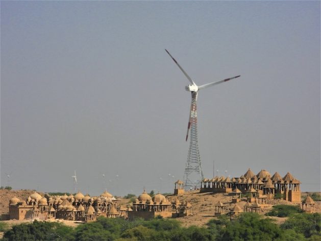 Wind turbines overlooking Vyas Chhatri, traditional architecture of Jasalmer district in Rajasthan. Credit: Athar Parvaiz/IPS