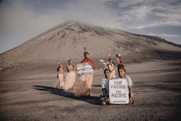 Protest for climate justice. Two hundred 200 women gathered at Mt. Yasur, an active volcano on the island of Tanna in Vanuatu. Credit: Greenpeace & Ben Bohane