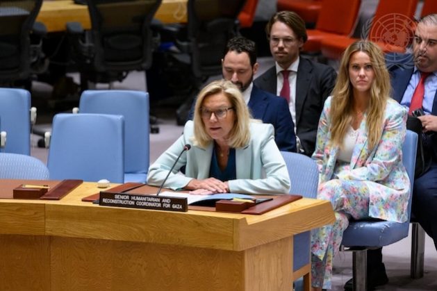 Sigrid Kaag, Senior Humanitarian and Reconstruction Coordinator for Gaza, briefs the Security Council meeting on the situation in the Middle East, including the Palestinian question. Credit: UN Photo