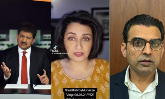 Pakistani journalists speak out about cybercrimes law from left to right Hamid Mir, Munazza Siddiqui and Umar Cheema. Credits: Jang News, and TikTok