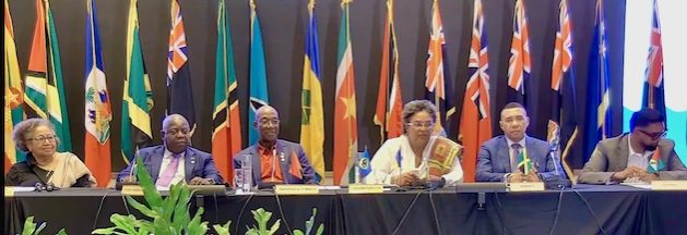 Press Conference to mark the end of the 48th Regular CARICOM Heads of Government Meeting (L-R) CARICOM Secretary General Dr. Carla Barnett, Prime Ministers Philip Davis (Bahamas), Dr. Keith Rowley (Trinidad & Tobago), Mia Mottley (Barbados), Andrew Holness (Jamaica) and President Dr. Irfaan Ali (Guyana).