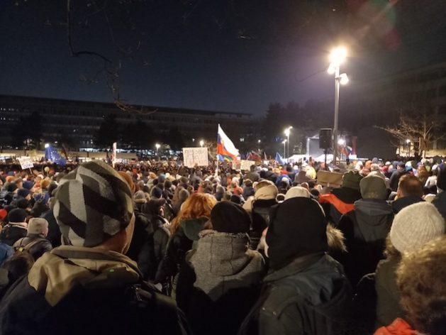 An anti-government protest in the Slovak capital, Bratislava, in February. Members of government coalition parties have repeatedly attacked the LGBTQI community in the country, while critics have also accused it of trying to restrict the work of civil society groups. Credit: Ed Holt/IPS