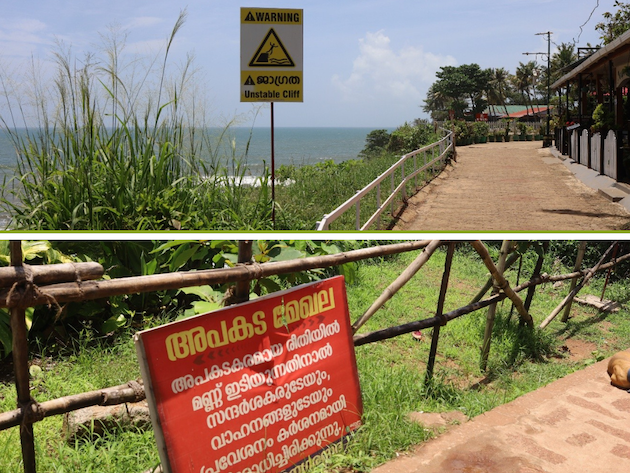 Signs warning the tourists of danger due to cliff erosion. Credit: Bharath Thampi/IPS