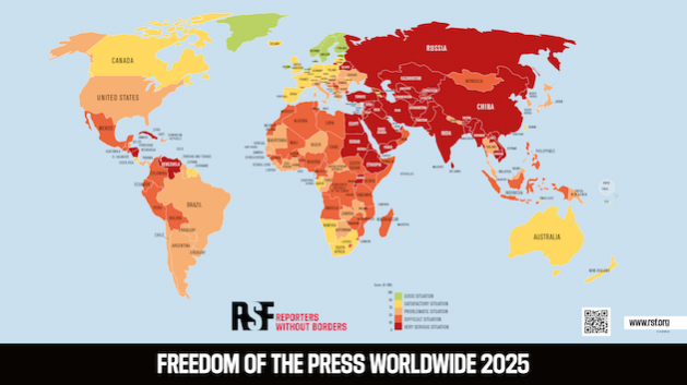 Sea of red indicates the parlous state of press freedom in the world. Credit: Reporters Without Borders