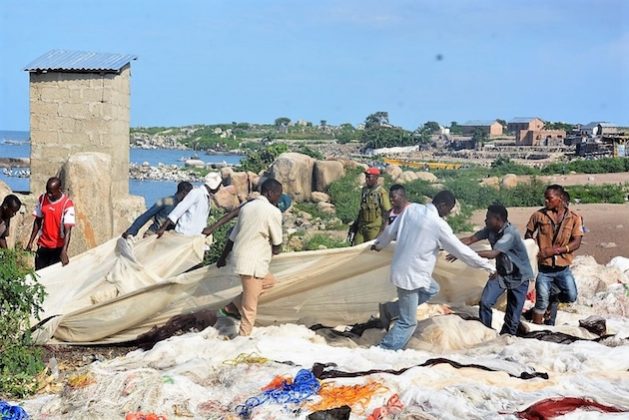 Fishers in Tanzania's Lake Victoria drag seized fishing nets to deter overfishing of dwindling nile perch stocks. Credit: Kizito Makoye/IPS