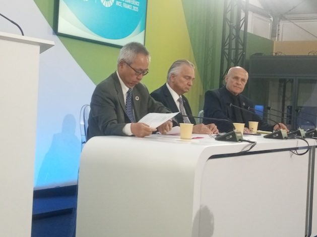 Li Junhua, Conference Secretary-General, UN Under-Secretary-General for Economic and Social Affairs, Arnoldo Andre Tinoco, Minister of Foreign Affairs, Costa Rica and Olivier Poivre D'Arvor, Special Envoy of the French Republic for UN Ocean Conference address the final press briefing of UNOC3. Credit: Kizito Makoye/IPS