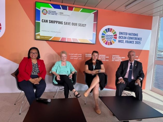 Josephine Latu-Sanft, media and communications officer with the International Maritime Organization, poses with experts from the maritime industry during a panel discussion at UNOC3. Credit: Kizito Makoye/IPS