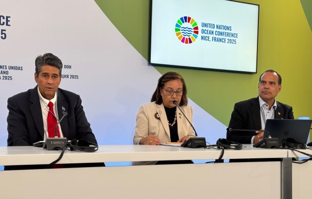Pacific Island leaders speak at a press conference at the3rd UN Ocean Conference in Nice. Credit: Naureen Hossain/IPS