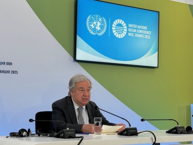 UN Secretary-General Antonio Guterres speaks to reporters at the 2025 UN Ocean Conference in Nice, France. Credit: Naureen Hossain
