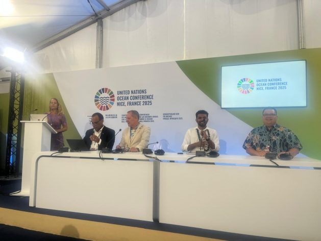 Government of Vanuatu, including Ralph Regenvanu, Minister of Climate Change; Director General of the Pacific Community Dr. Stuart Minchin; Vishal Prasad, Director of the Pacific Islands Students Fighting Climate Change; and Julian Aguon, Director of Blue Ocean Law, briefs journalists at UNOC3. Credit: Cecilia Russell/IPS