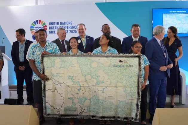 A handcrafted tapa with a map of the Blue Pacific was unveiled at the launch of Unlocking Blue Pacific Prosperity (UBPP). Credit: SPC