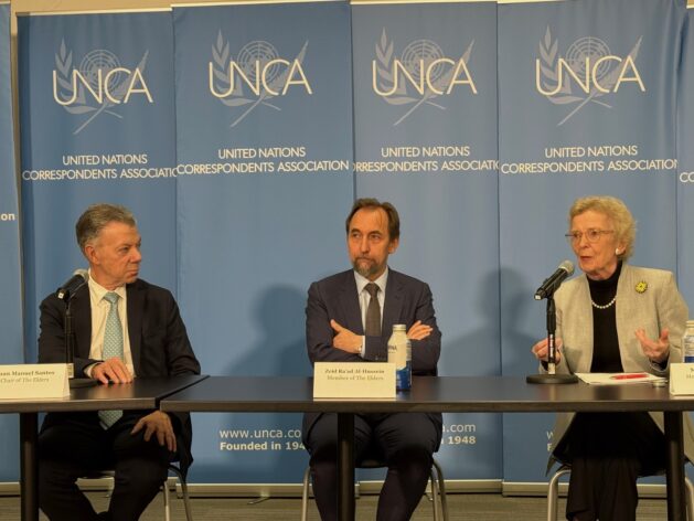 Elders Advisory Group - Juan Manuel Santos, Zeid Ra'ad Al-Hussein, and Mary Robinson. Credit: Naureen Hossain/IPS
