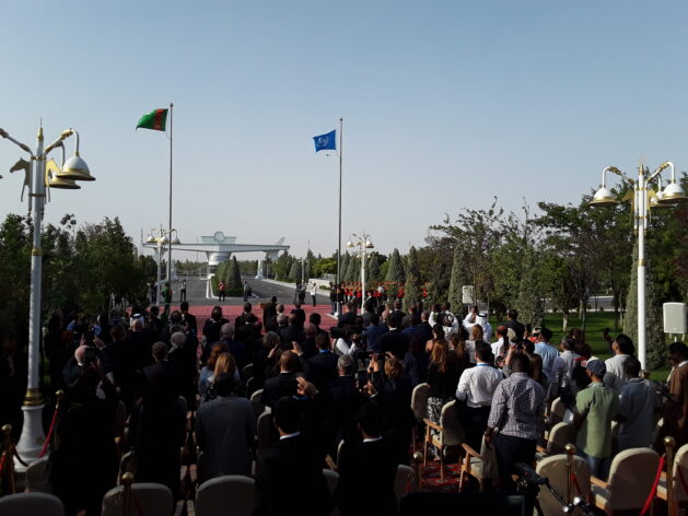 The raised flags of Turkmenistan and the United Nations marked the official opening of the Third UN Conference on Landlocked Developing Countries (LLDC3). Credit: Joyce Chimbi/IPS