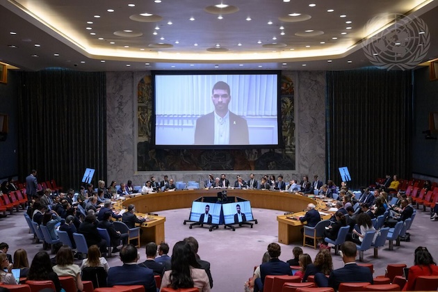 Ilay David (on screen), brother of a hostage held in Gaza, addresses the Security Council meeting on the situation in the Middle East, including the Palestinian question. City/Location: New York Country: United States of America Credit: UN Photo/Loey Felipe
