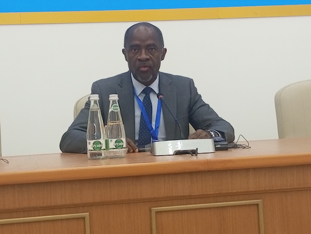 UNDP Resident Representative in Ethiopia, Samuel Doe, addressing the media in Awaza, Turkmenistan, about the land-linked roadmap for Africa. Credit: Kizito Makoye/IPS