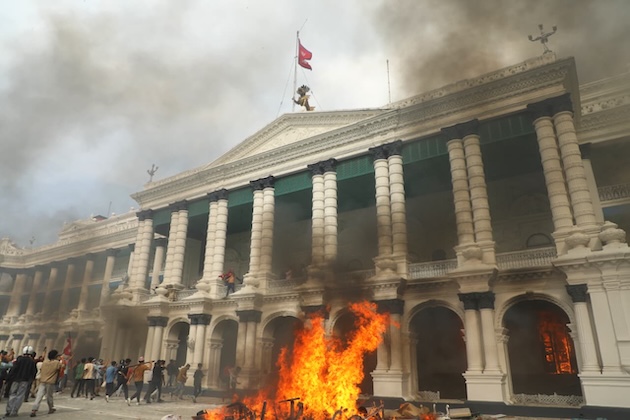 Protestors torched the administrative headquarters of Nepal, the palace of Singha Durbar. This was one of several public properties that were set alight. Credit: Barsha Shah/IPS