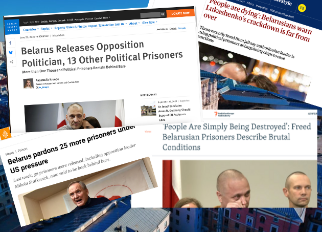 Headlines reflecting the release of Belarussian political prisoners. Graphic: IPS