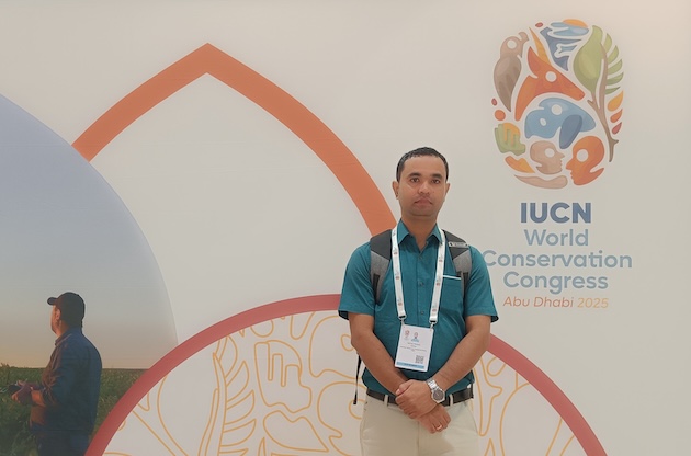 Tirtha Prasad Saikia, Director of the North-East Affected Area Development Society, speaks to IPS at the IUCN World Conservation Congress in Abu Dhabi, UAE. Credit: Diwash Gahatraj/IPS