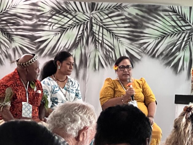 Dr. Salanieta Kitolelei, from the Leibniz Centre for Tropical Marine, Dr. Simon Salopuka, Taumako Indigenous Knowledge Institution - TIKI and Leausalilo Leilani Duffy, Conservation International Samoa in a discussion about the weaving of ancestral knowledge with ocean science at the Pacific Island Ocean Conference. Credit: Sera Sefeti/IPS
