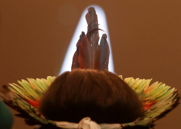 Brazil's Minister of Indigenous Peoples Sonia Guajajara attends a meeting during the UN Climate Change Conference COP 30. Credit: Hermes Caruzo/COP30
