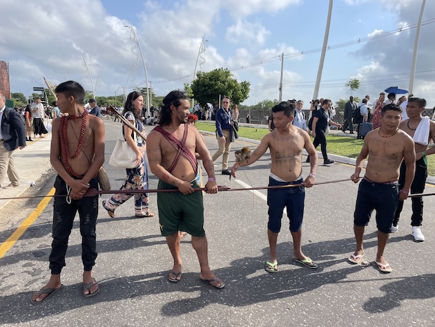Indigenous people and activists blocked the entrance to the COP30 Venue, demanding direct access to climate finance, in Belém, Brazil. Credit: Farai Shawn Matiashe/IPS