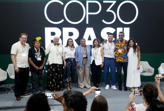 Kumi Naidoo with Brazilian First Lady Janja Lula da Silva and Brazilian Cultural Minister Margareth Menezes and others at a panel, “Narratives and Storytelling to Face the Climate Crisis” during the 30th Conference of the Parties (COP30). Credit: Aline Massuda/COP30