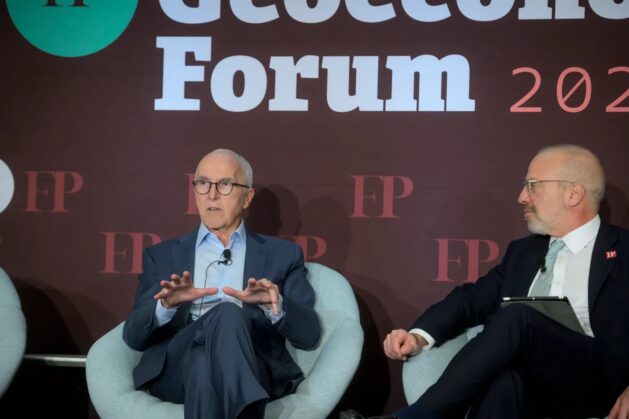 Frank McCourt, founder of Project Liberty, speaking with Foreign Policy CEO Andrew Sollinger at the Geoeconomics Forum. Credit: IPS