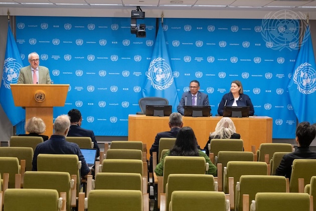 Brian Wallace (center), Permanent Representative of Jamaica to the United Nations and Carolyn Schwalger (right), Permanent Representative of New Zealand to the United Nations, both Co-chairs of the UN80 Initiative, brief reporters on the work of the UN80 Initiative informal ad hoc working group on mandate implementation review. At the podium is Stephane Dujarric, Spokesperson for the Secretary-General. Credit: Credit: UN Photo/Eskinder Debebe