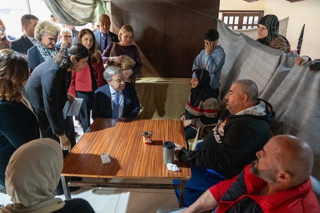 UN Secretary-General António Guterres visiting a shelter hosting displaced people from areas affected by the ongoing conflict in the Dekwaneh area of Beirut during his visit to Lebanon in March 2026. Credit: UN Photo/Haider Fahs