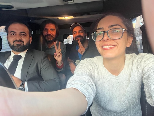 Hadi Ali Chatha (left) and Imaan Hazir Mazari (right) in the front seat, taking Asad Toor (at the back on the left) home after his release from Rawalpindi’s Adiala Jail, on March 17, 2024. Credit: Asad Toor