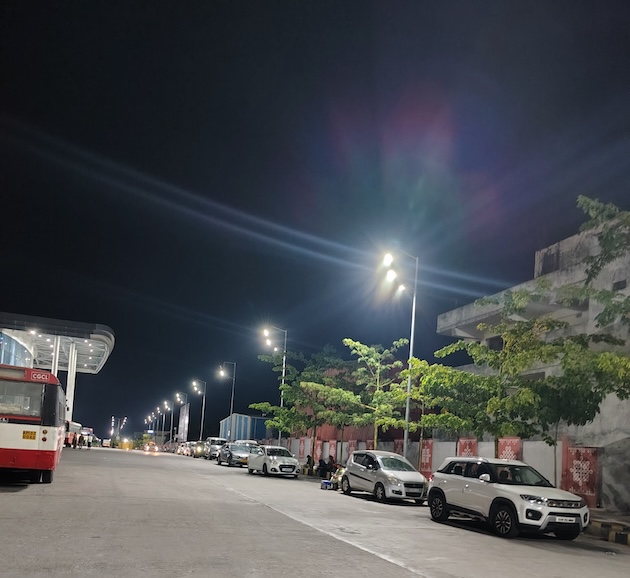 Newly retrofitted LED street lights on the eastern edge of Hyderabad, in India. LED lights are a cost- and energy-efficient alternative to other lighting and bring a sense of security to the areas where they are installed. Credit: Stella Paul/IPS