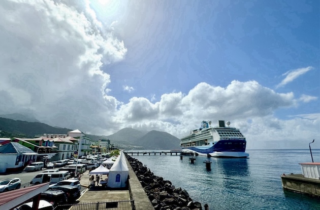 A cruise ship docks in Roseau, Dominica. The World Meteorological Organization says parts of the Caribbean are experiencing sea level rise above the global average as climate impacts intensify across the region. Credit: Alison Kentish/IPS