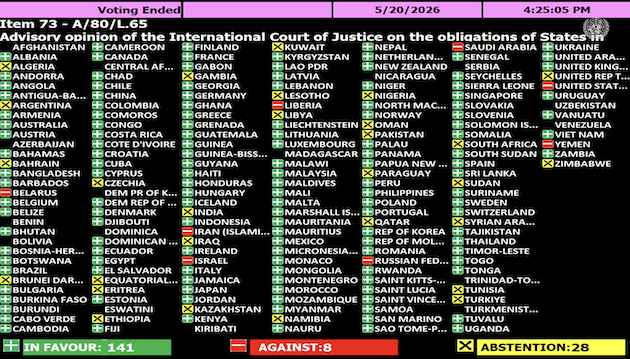 Voting Record of Resolution A-80-L.65. Credit: UN TV